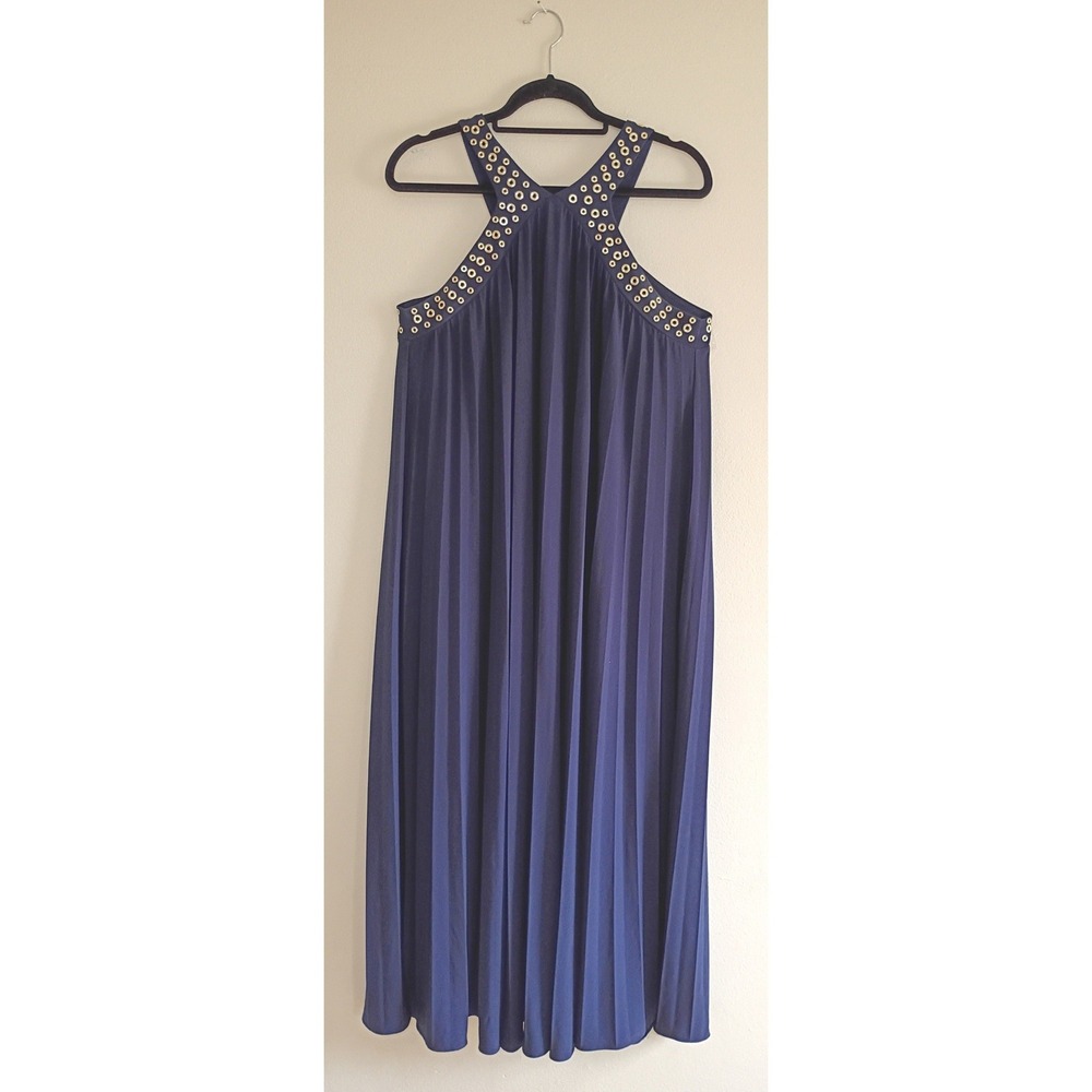 Michael Kors Womens Navy Blue Pleated Maxi Dress Gold Studded Halter Neck Size M